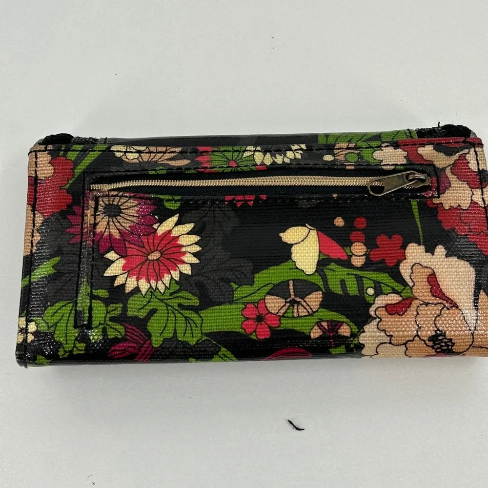 Sakroots Artist Circle Black Floral Sequin Trifold Wallet Snap Closure